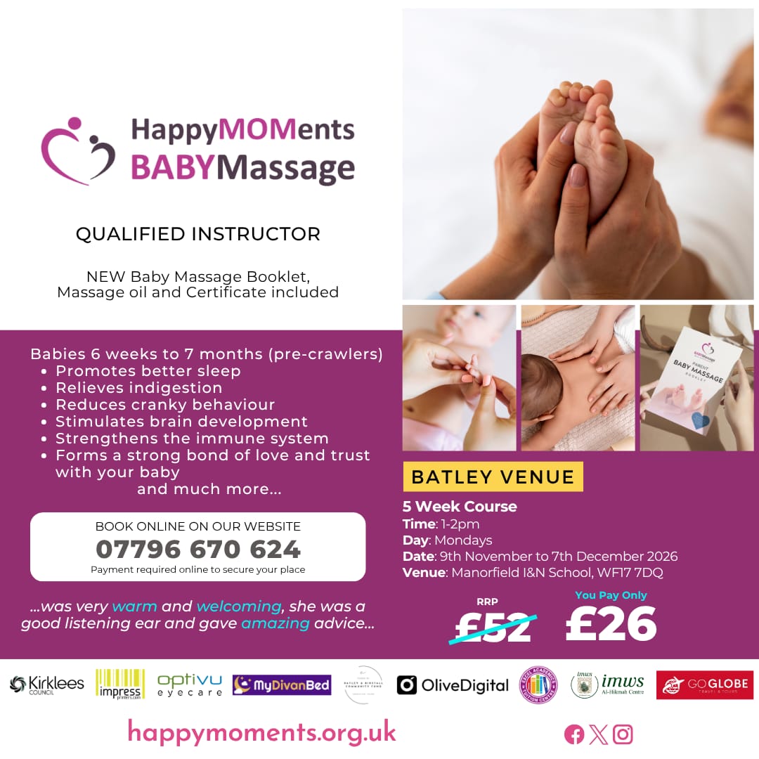 HappyMOMents Baby Massage poster, Batley venue: Mondays 1-2pm, 9 November to 7 December 2026, Manorfield Infant and Nursery School, £26